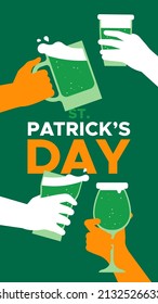 St. Patrick's Day vertical phone background illustration of friend group drinking green beer glass for march 17 party event.