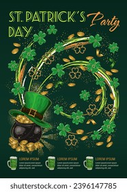 St Patricks Day vertical poster with clover, shamrocks, text, pot full of coins. Dynamic whirl, swirl with smudge paint strokes, scattered confetti, golden dust. Holiday illustration in vintage style.