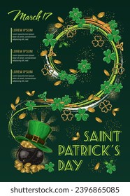 St Patricks Day vertical poster with clover, shamrocks, text, pot full of coins. Dynamic whirl, swirl with smudge paint strokes, scattered confetti, golden dust. Holiday illustration in vintage style.
