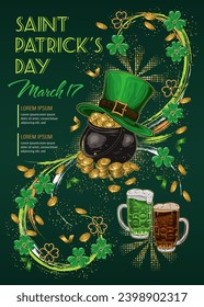 St Patricks Day vertical poster with clover, shamrocks, text, pot full of coins. Dynamic whirl, swirl with smudge paint strokes, scattered confetti, golden dust. Holiday illustration in vintage style.