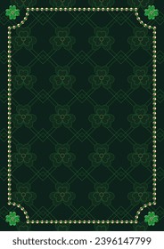 St Patricks Day vertical rectangular frame with shiny gold beads, lucky four leaves shamrocks in the corners. Thin geometric ornament on dark background. Template for menu, poster, invitation