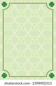 St Patricks Day vertical rectangular frame with shiny gold beads, lucky four leaves shamrocks in the corners. Thin geometric ornament on light colored background. Template for menu, poster, invitation