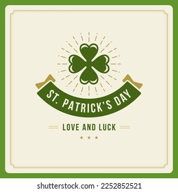 St Patrick's Day vintage greeting card bright clover ribbon typographic template vector flat illustration. Irish love and luck label traditional Celtic holiday green leaf sign classic border design