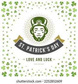 St Patrick's Day vintage greeting card lucky Irish leprechaun typographic template vector illustration. Celtic holiday fairy tale character in hat with ribbon green clover shamrock background design