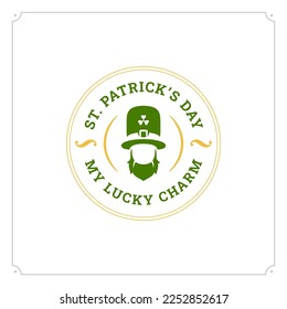 St Patrick's Day vintage greeting card leprechaun lucky charm typographic template vector flat illustration. Irish traditional fairy tale bearded character in hat clover shamrock holiday celebrate