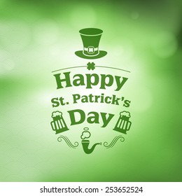 St. Patricks Day vintage holiday badge design. Vector design greetings card or poster with blurred green backdrop