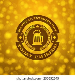 St. Patricks Day vintage holiday badge design. Vector design greetings card or poster with blurred gold backdrop