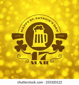 St. Patricks Day vintage holiday badge design. Vector design greetings card or poster with blurred green backdrop