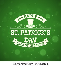 St. Patrick's Day vintage holiday badge design. Vector design greetings card or poster with blurred green backdrop
