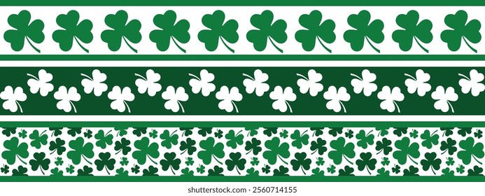 St Patrick's Day washi tape design, green and white clover leaves border line, set of vector decorative elements