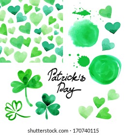 St. Patrick`s day watercolor illustration set. Collection of design elements isolated on white background. Vector illustration 