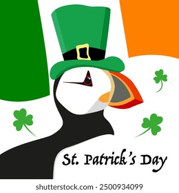 St. Patrick's Day with Puffin, wearing a leprechaun hat, Irish flag. Vector illustration