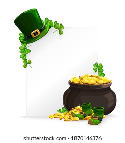 Cartel de la sábana blanca del Día de San Patrón, olla de monedas de oro, sombrero de leprechaun, zapatos y trébol verde de shamrock. Caricatura vectorial del festival Saint Patricks tarjeta de saludo, 17 de marzo Invitación de fiesta de vacaciones irlandesa