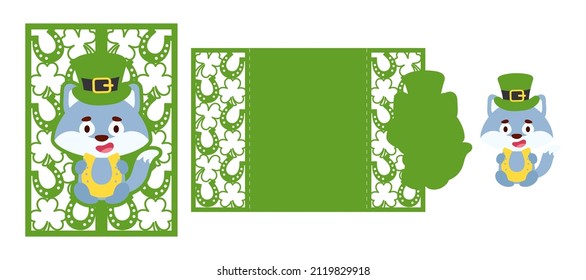 St. Patrick's Day wolf laser cutting invitation card template. Paper cut out silhouette for plotter and silk screen printing. Vector stock illustration.