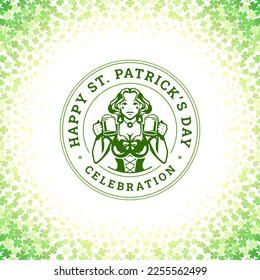 St Patrick's Day woman beer pub bar social media post template vintage vector illustration. Celtic female ale malt alcohol beverage lucky green clover shamrock circle frame happy holiday celebrate