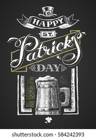 St. Patricks Day. Wooden beer mug. Chalk drawing