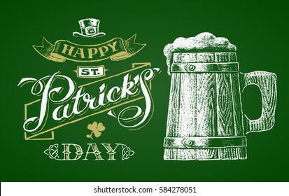 St. Patricks Day. Wooden beer mug. Chalk drawing