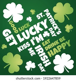 St Patricks Day word cloud sample green handwritten clovers shamrock on isolated dark green background banner