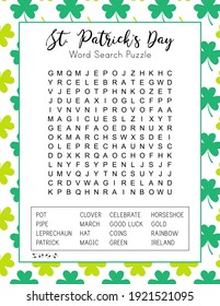 St. Patrick's Day word search puzzle. Festive worksheet for learning English words. Holiday crossword for children. Logic game for kids and adults. Vector party card.  