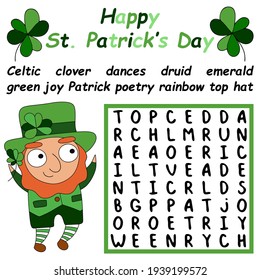 St Patrick's Day word search puzzle for children stock vector illustration. Find and mark all hidden words. Help Patrick to solve the puzzle colorful activity page. Simple educational game in English