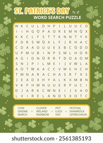 St Patrick's Day word search puzzle game on a shamrock background worksheet. Printable family activity for holiday. Educational game for children and adults, learning English vocabulary