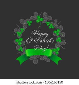 St. Patrick's Day. A wreath of clover leaves with a banner of satin ribbons. Vector