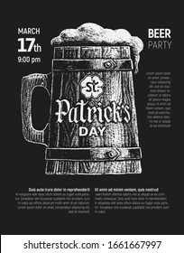 St. Patricks Day written on wooden beer mug. Chalk poster. Eps8 RGB Global colors