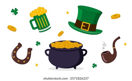 St. Patrick's Day-themed illustration featuring a green hat, pot of gold, clovers, beer mug, horseshoe, and smoking pipe on white background