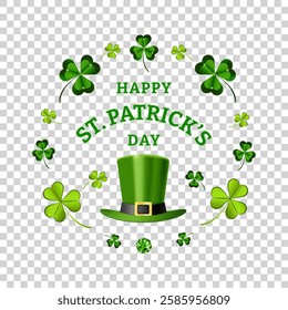 St. Patrick's Day-themed label on an isolated background. Green hat with clover leaves and congratulatory inscription. Congratulations on the holiday. Vector illustration.