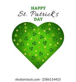 St. Patrick's Day-themed label on an isolated background. Green heart with clover leaves and congratulatory inscription. Congratulations on the holiday. Vector illustration.