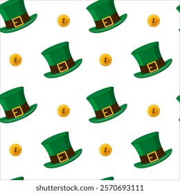 St. Patrick's Day-themed pattern of green leprechaun hats and gold coins, seamless on a white background, celebrating Irish culture