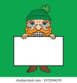 St patrick's dwarf mascot cartoon character illustration holding a whiteboard. perfect for stickers or business announcements.