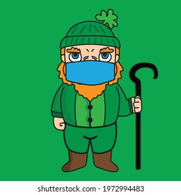 St patrick's dwarf mascot cartoon character illustration in a pose holding a cane and wearing a medical mask
