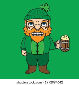 St patrick's dwarf mascot cartoon character illustration drinking a glass of beer. suitable for stickers or business.