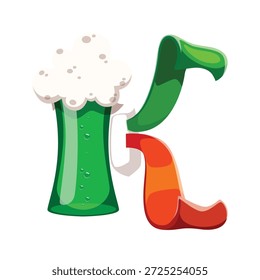 St Patrick's font typeset ale or beer glass letter K. Irish folk font vector sign, Saint Patrick alphabet symbol. March celebration ABC typeset letter or element with glass of foamy green ale or beer