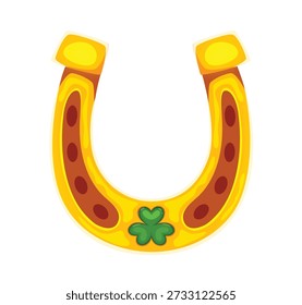 St Patricks font typeset golden horseshoe letter U. Saint Patricks day font vector letter, March celebration ABC typeset symbol. Spring holiday alphabet sign or element with lucky golden horseshoe