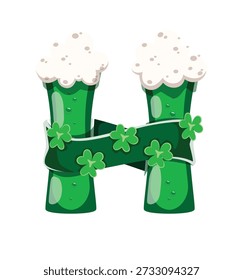 St Patricks font typeset green ale letter H. Spring holiday ABC typeset vector sign, March celebration type symbol. Saint Patrick alphabet letter or Irish folk font element with foamy beer glasses