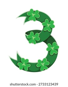 Fita tipográfica St Patricks verde número 3 três. Figura vetorial da fonte do feriado da primavera, dígito do tipo festivo da Irlanda. Símbolo numérico da fonte do dia de São Patrício com folhas de trevo trevo trevo e fita