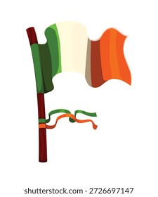 St Patricks fonte typeset Irlanda bandeira letra F. Saint Patricks tipo vetor letra, março celebração alfabeto sinal. Símbolo ou elemento de fonte de feriado de primavera com bandeira nacional irlandesa acenando no polo