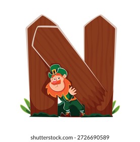St Patricks fonte tipografia leprechaun caractere letra N. primavera tipo feriado vetor sinal, Saint Patrick ABC tipografia letra. Elemento alfabeto folclórico irlandês com pequeno leprechaun escondido sob cerca de madeira