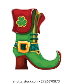 St Patricks Schriftart Satz Kobold Boot-Buchstabe L. Saint Patricks Tag Feier ABC Schrift Vektor-Buchstabe, Alphabet Element. Irisches Schriftsymbol mit Kobold grünem Stiefel goldene Schnalle und Klee