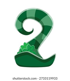 St Patricks font typeset leprechaun hat number 2 two. Saint Patrick day holiday font vector figure, typography number. Spring folk party type digit or with shamrock clover leaves on fantasy hat