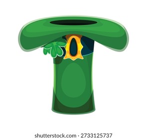 St Patricks font typeset leprechaun top hat letter T. Spring holiday alphabet vector letter, Saint Patrick day ABC typeset sign. Irish folk type element with green hat golden buckle and clover leaf