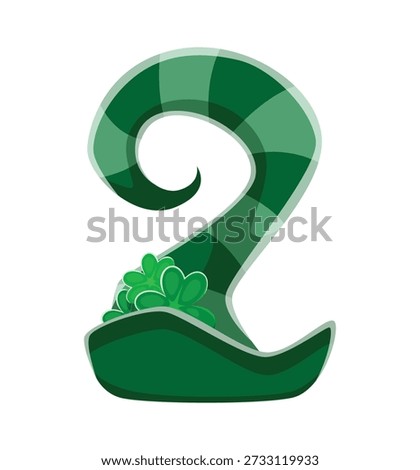 St Patricks font typeset leprechaun hat number 2 two. Saint Patrick day holiday font vector figure, typography number. Spring folk party type digit or with shamrock clover leaves on fantasy hat