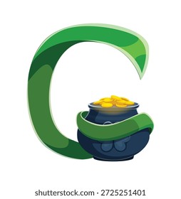 St Patricks fonte typeset pote de ouro letra G. Saint Patrick fonte vetor elemento, março tipo de celebração sinal. Símbolo do alfabeto das férias da primavera com pote ou caldeirão de leprechaun cheio de moedas douradas