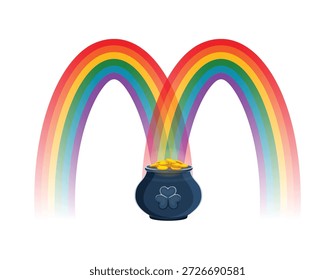 St Patricks font typeset rainbow pot of gold letter M. Spring holiday alphabet vector symbol, Irish Saint Patricks day font sign or ABC letter with rainbow arch over leprechaun cauldron with coins
