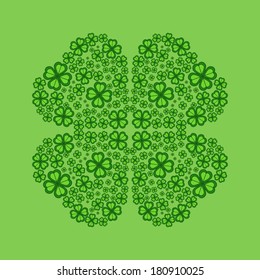 St. Patrick's four leaf clover. Vector leaf illustration. Plant symbol, with simple green background. Saint Patrick's holiday. Nature design. Floral lucky sign.