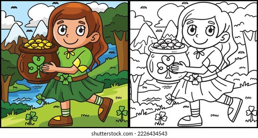 St. Patricks Girl With Pot Of Gold Illustration