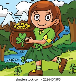 St. Patricks Girl With Pot Of Gold Colored Cartoon