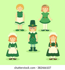 St. Patrick's Girls Cartoon Character Set. Vector illustration of girls use Saint Patrick's Day costume in green background.
